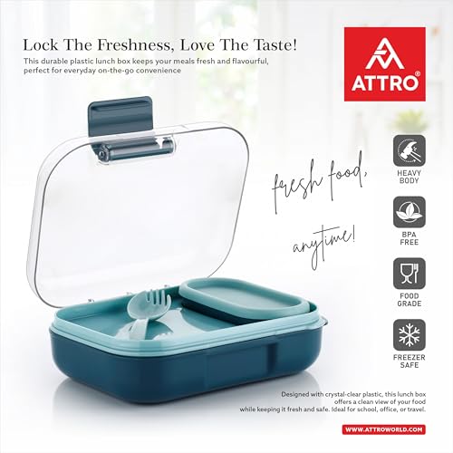 Image of ATTRO Food Bite Kids Plastic Lunch Box 3 Compartments, 1 Small Container & Spoon, with Stylish Lid BPA-Free, Freezer Safe, Ideal for School, Travel & Outdoor - Blue, 500 ml