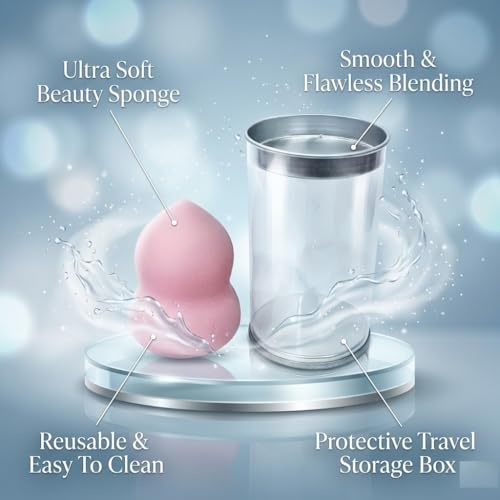 Image of Premium Beauty Blender Makeup Sponge with Plastic Storage Bottle | Ultra Soft Reusable Cosmetic Puff for Foundation, Concealer & Cream Blending | Travel Friendly Makeup Blender Sponge 1 Pc (Color May Vary)