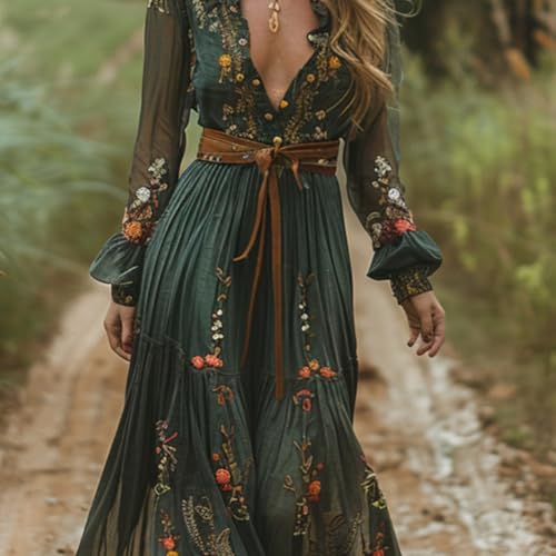 Image of Women's Vintage Pastoral Flower Long Dress Sexy V-Neck Long Sleeve Western Dress Fall Casual Maxi Dress