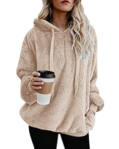 Hoodie Damen Oversize Fleecejacke Teddy Pullover Teddyjacke Pulli Teddy Fleece Sweatshirt Kapuzenpullover Kapuzenpulli Warm Langarm Lose Winter Tops Oberteile Casual mit Tasche (Khaki, S)