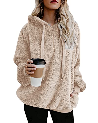 Damen Pullover Teddy Hoodie Warm Teddy-Fleece Kapuzenpullover Oversize Sweatshirt Langarm Lose Winter Pulli Tops Oberteile mit Tasche (Khaki, L)