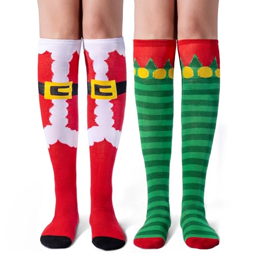 Giggling Getup 2 Packs Winter Knee High Socks for women, Warm Soft Novelty Christmas Socks for Christmas Holiday, Birthday Gift, Christmas Party Gifts for Women for Xmas