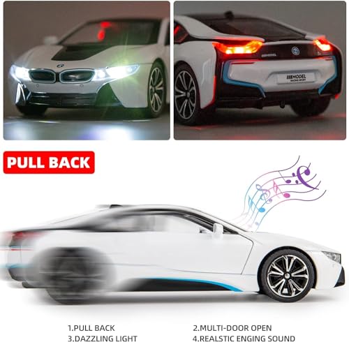 Image of Exclusive Alloy Metal Pull Back Die-Cast Car Diecast Metal Pullback Toy Car with Openable 6 Doors,Light Music Boys Gifts Toys (1:22 Big B-M-W i8 - Multicolor)