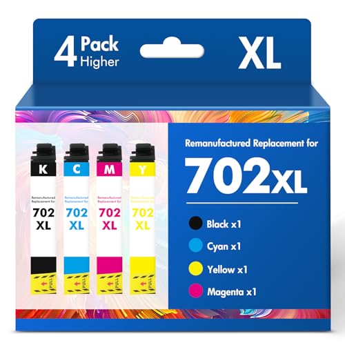 702XL 702 Ink Cartridges Combo Pack: Remanufactured Replacement for Epson Printer Workforce Pro WF-3720 WF-3730 WF-3733 WF 3720 WF3720 for 702 XL 702XL T702 (Black Cyan Yellow Magenta)