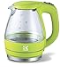 Team Kalorik Hervidor eléctrico sin cable 1.5 L de vidrio/acero inoxidable, 2200 W, Filtro de partículas, Verde manzana, TKG JK 1022 AG