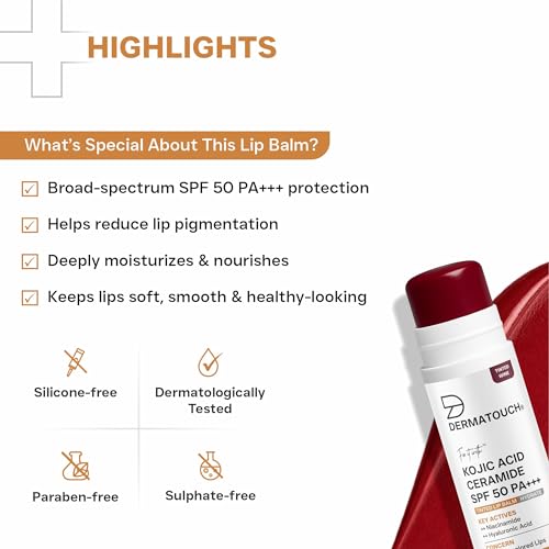 Image of DERMATOUCH Kojic Acid Ceramide SPF 50 PA+++ Tinted Wine Lip Balm - 5g | Moisturizing • Sun Protection • Nourishing | Reduces Pigmentation & Heals Dry Lips