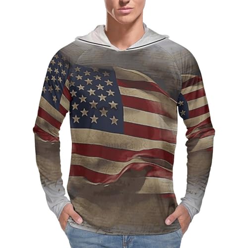 Men's Sun Shirts UPF 50+ Rash Guard Long Sleeve Sun Protection Hoodie American Flag Lightweight Shirt 3XL