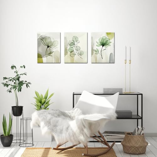 Image of NutArtPic Flower Canvas Wall Art Sage Green Floral Pictures Minimalist Wildflower Painting Prints for Home Decor 12''x16''x3pcs