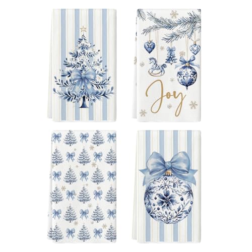Artoid Mode Blue Porcelain Christmas Kitchen Towels Set of 4 18x26 Inch