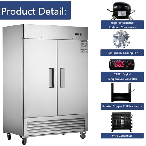 Image of 54 inch W Commercial Refrigerators, 2 Solid Door Stainless Steel Upright Commercial Freezer, Commercial Fridge 42.2 Cu.ft Fan Cooling for Restaurants & Food Service