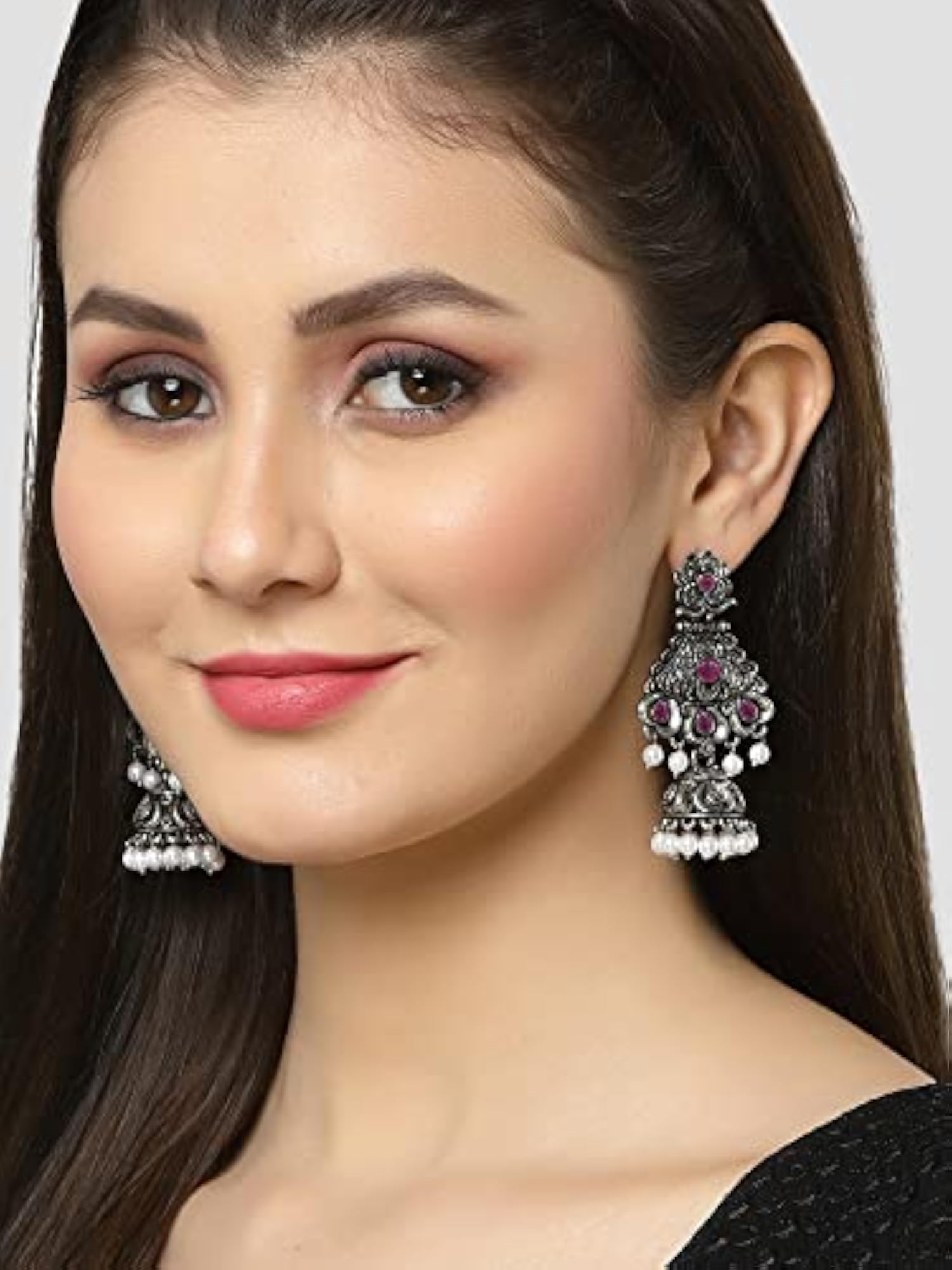 Oxidised Silver Stone Studded Dangler Jhumki Earrings