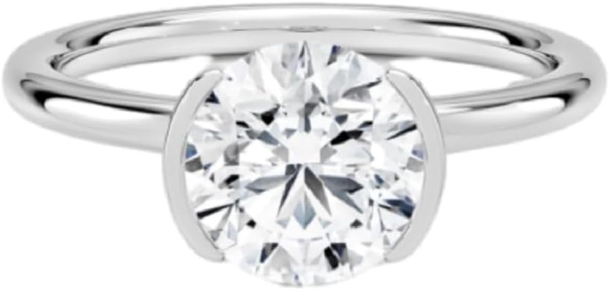 Solid Gold Round Cut Moissanite Wedding Ring, 1-5 CT Solitaire Half Bezel Ring VVS1 10K 14K 18K Gold & 925 Sterling Silver Anniversary Christmas Gift For Her