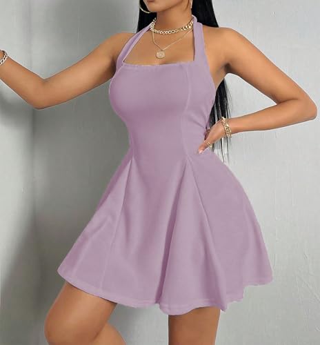 Image of PerZeal Women's Summer Halter Dress Backless Mini Beach Party Dress Sleeveless A-Line Sundress Casual Club Dress