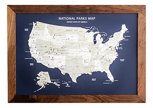 Wayfaren Large Navy National Parks Map & US Map | Explore National Parks of America | Large Framed Push Pin Map | 24" x 36" National Parks of USA Map Handmade