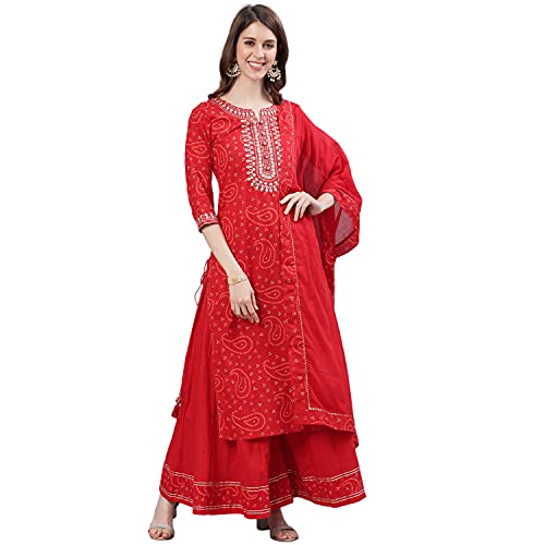 ishin Women's Cotton Bandhani Embroidered Straight Kurta Set with...