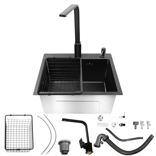 Fregadero de acero inoxidable 45 x 40 cm, fregadero negro con grifo giratorio 360°, fregadero de cocina 1 seno, fregadero empotrable, incl. tubo de drenaje, dispensador de jabón, cestillo colador
