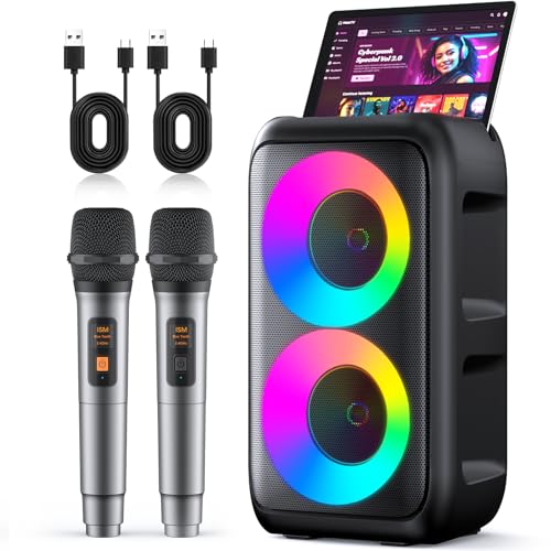 Karaoke Machine, Portable Bluetooth Speaker with 2 Wireless Karaoke Microphones, Karaoke Machine for Adults Kids with PA System,Stage Monitors Support TWS/TF/USB/AUX for Home Party Stage (Black)