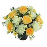Premium Artificial Grave Flowers in Pot - Silk Grave Arrangement with Yellow Roses & Ivory Carnations - 25cm Cemetery Decoration - Outdoor Artificial Flowers for Grave - Ready Arranged UK Handmade