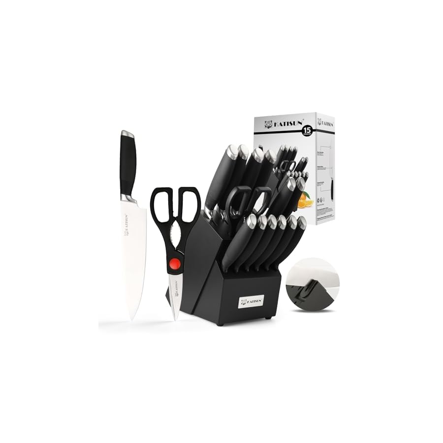 15-Piece Knife Set, German Steel, Durable and Dishwasher Safe, Ergonomic Handle Knife Block set with Built-in Sharpener for Chopping, Slicing, Dicing&Cutting Black