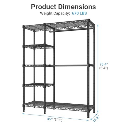 VIPEK V7 Basic Garment Rack for Hanging Clothes Heavy Duty Clothes Rack with Shelves, Portable Closet Rack Metal Clothing Rack 5 Tiers Freestanding Closet Wardrobe System, Max Load 620lbs, Black