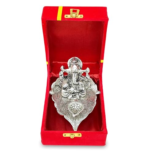 Image of BENGALEN Ganesh Statue Idol German Silver Ganesha on Leaf Diya Oil Lamp with Red Velvet Gift Box Pooja Items Diwali Decoration Puja Gifts Handmade Oil Lamp Traditional Indian Deepawali Gift Items