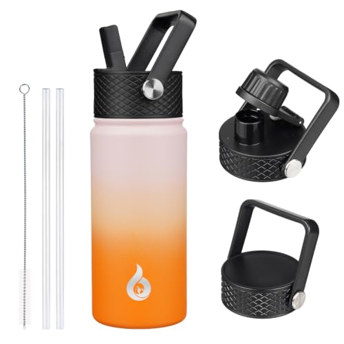 Image of BJPKPK Insulated Water Bottles with Straw Lid, 18oz Stainless Steel Metal Water Bottle, Cold Hot Thermo with 3 Lids, Leak Proof BPA Free Travel Cup, Wide Mouth Flasks, Thermo -Coral