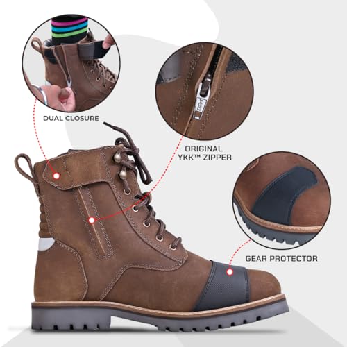 Image of ViaTerra Bronson Retro Motorcycle Riding Boots for Men |Gear Protector, Top Grain Leather |SAS-Tec Ankle Protection Riding Shoes (Brown)