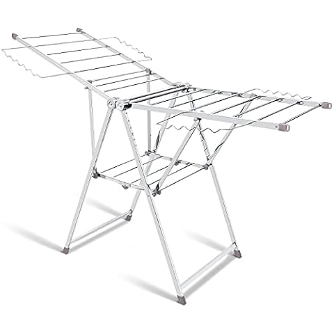 Duwee Clothes Drying Rack,Foldable Stainless Steel Clothes Drying Rack with Height-Adjustable Wings,Free-Standing Laundry Drying Rack for Indoor/Outdoor Cover