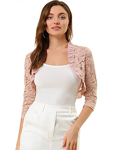 Image of Allegra K Women's Elegant Lace Cardigan Ruffle Collar Crop 3 /4 Sleeve Sheer Bolero Floral Lace Shrug Top