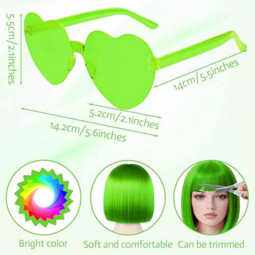 Image of MEEZY Grass Green Bob Wig with Bangs Heart Sunglasses for Women, Neon Colored Bob Hair Funny Party Wig Synthetic Crazy Hair for Woman Man Halloween Costume Cosplay Bachelorette Party Supplies