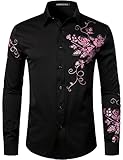 PARKLEES Herren Hipster Stickerei Design Slim Fit Langarm Button Down Kleid Shirts, Zzcl63-black pink, L