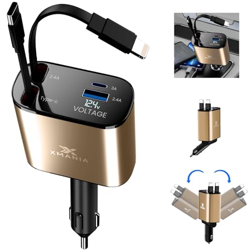 Xmania 4 in 1 Retractable Car Charger - Super-Fast 120W Car Charger Retractable Cord 2.6 Ft with 2 USB C Ports, and Voltage Display, Compatible with All iPhone, Samsung, and Pixel Phones, Gold