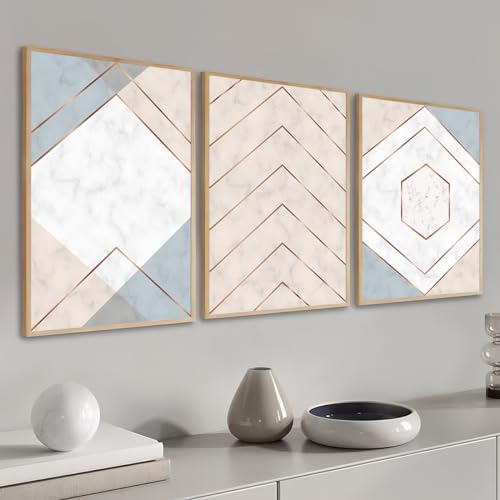 Kit 3 Quadros Estilo Marmorizado Rose Azul Moderno Decoração Casa Sala e Quarto (32 x 23 cm, Carvalh