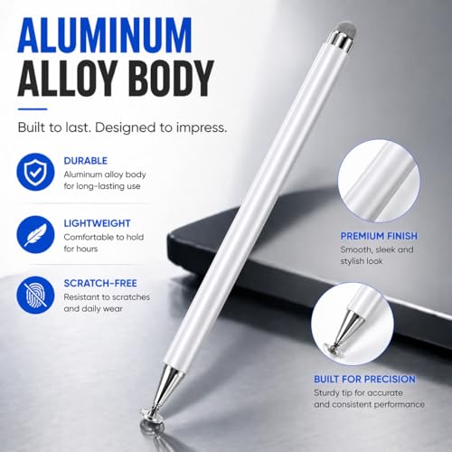 Image of Mizi Universal Stylus Pen for Touch Screens, 2-in-1 Disc & Fibre Tip Stylus for iPad, iPhone, Android, Tablet, Chromebook, Kindle, Switch - High Precision, No Bluetooth, Magnetic Cap - White