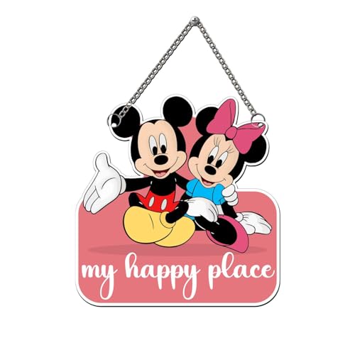 Image of GIFTMEBAZAR My Happy Place With Mickey Mouse Cartoon Theme Wooden Wall Hanging For Home, Living Room & Office Decor | Wall Art | Modern Decor Item