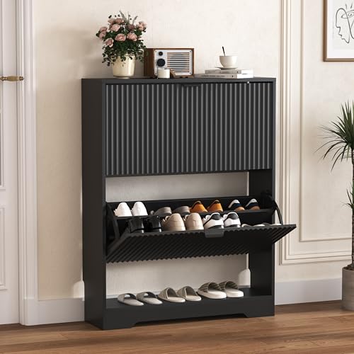 Image of HUANLEGO Shoe Cabinet Storage for Entryway with 2 Flip Drawers, Black Fluted Shoe Cabinet with Open Storage, Wooden Hidden Shoe Rack Freestanding Narrow Slim Shoes Organizer for Hallway, Entrance