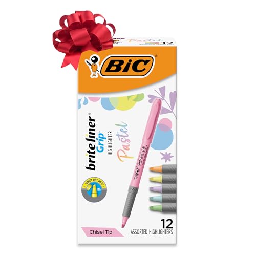 BIC Brite Liner Grip Pastel Highlighters, Versatile Chisel Tip, Soft Grip, Cute Highlighters for Holiday List-Making, 12-Count Gift Set in Assorted Colors