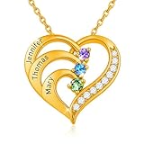 Personalised Birthstone Name Necklace for Women – Custom Sterling Silver Heart Pendant with 1-4 Names,Valentine's Day Christmas Mothers Day Gifts for Mum Wife Grils (3 Name&Stone, Gold)