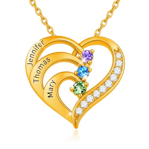 Image of Personalised Birthstone Name Necklace for Women – Custom Sterling Silver Heart Pendant with 1-4 Names,Valentine's Day Christmas Mothers Day Gifts for Mum Wife Grils (3 Name&Stone, Gold)