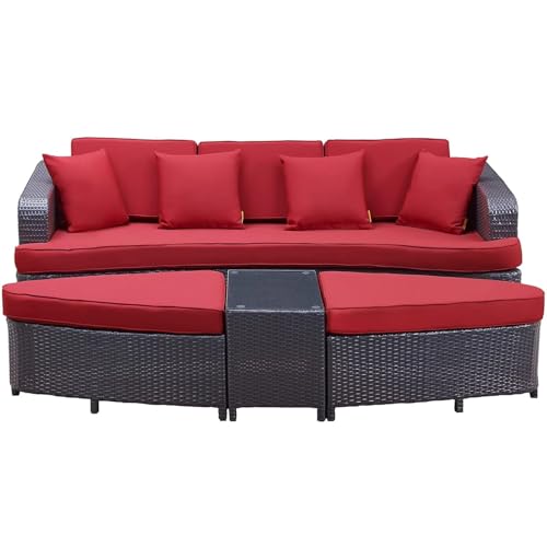 Image of BRISHI Outdoor /Pool Side /Garden /Balcony /Porch /Backyard /Terrace /Patio /Beach /Rectangular Sofa Sunbed Wicker and Rattan Daybed (Brown /Red)