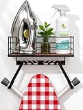 Ironing Board Holder Wall Mount with Basket, Fits T & Y Shaped Boards – 3-Slot Adjustable Hooks, Sturdy Metal Frame with Wood Shelf for Laundry Room Organization, Holds Iron, Steamer & Accessories