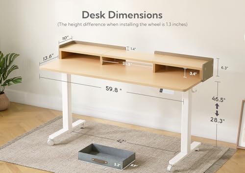 Image of Claiks Standing Desk with Drawers & Wheels, 2 Height Shelf 59 inch Ntural