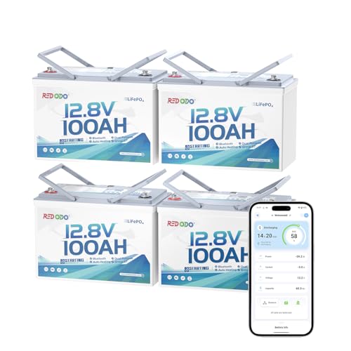 Image of Redodo 12V 100Ah Smart Bluetooth Dual-Purpose Marine Lithium Battery, 900CCA Group27 Starting Marine Battery with Energy Reserve Mode & Heating 4 PACK