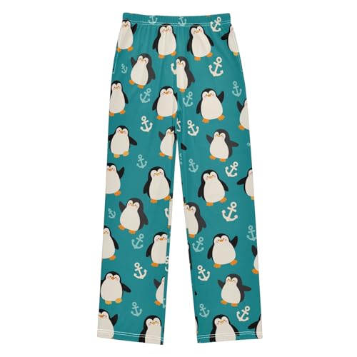 Cartoon Penguin and Anchor Pattern Cute Pajama Pants, Soft Sleepwear Lounge Pants Pajama Pj Bottoms for 6-14 Years