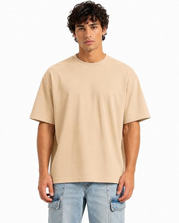 Image of VEL Plain Oversized 100% Pure Heavy Cotton Baggy Fit Drop Shoulder Half Sleeves Round Neck Solid Cotton T-Shirt for Men