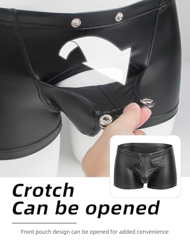 Sexy Boxershorts Herren mit Öffnung PU Leder Unterwäsche mit Beutel Große Größen Wetlook Unterhosen mit Knöpfe Sissy Dessous Männer Reizwäsche Erotische Shorts Slips Hipster Gay Clubwear (Schwarz,L)