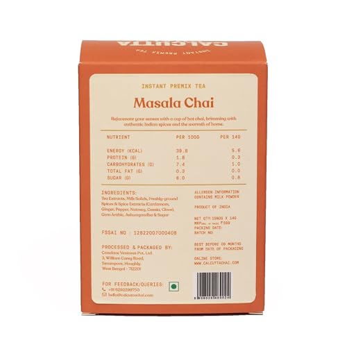 Image of Calcutta Chai Co - Masala Chai | Instant Tea Premix | 15 Sachets | 210g | Made with Assam Tea | Added Natural Spices | Low Sugar