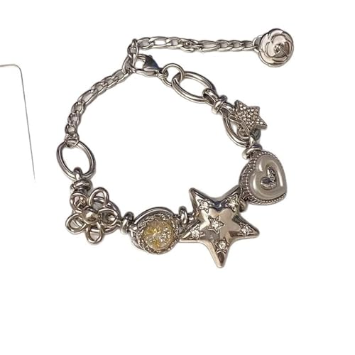 crayfomo Aesthetic Star Love Button Bracelet, Dainty Silver Charm Bracelet with Floral & Crystal Details, Jewelry Gift for Her