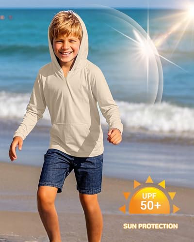 Image of Boys Rash Guard Long Sleeve Hoodie Swim Shirt with Pocket Youth Kids UPF 50+ Sun Protection Fishing Shirts Thumb Hole