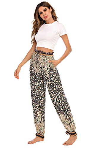 Calça feminina Love Welove com estampa de verão para ioga e harém com babados elásticos e cintura al